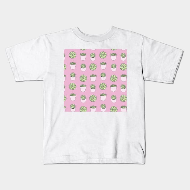 Green suculents in pink flowerpots on darker pink background Kids T-Shirt by bigmoments